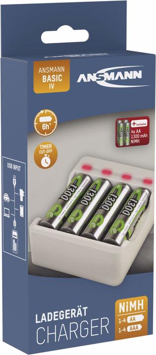 Produktbild Ansmann Ladegerät Basic IV inkl. 4 x AA 1300mAh Akku (1 Stk., AA, 1300 mAh, Ladegerät inkl. Akku)