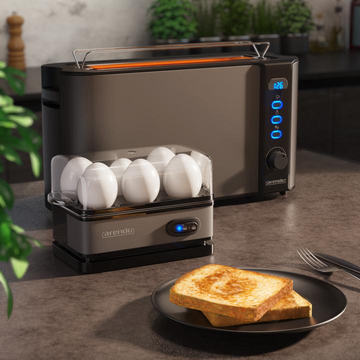 Produktbild Arendo Frühstücks Set, 2-Scheiben Langschlitz Toaster mit Brötchenaufsatz & Eierkocher für 6 Eier, Grau (EU-Stecker)