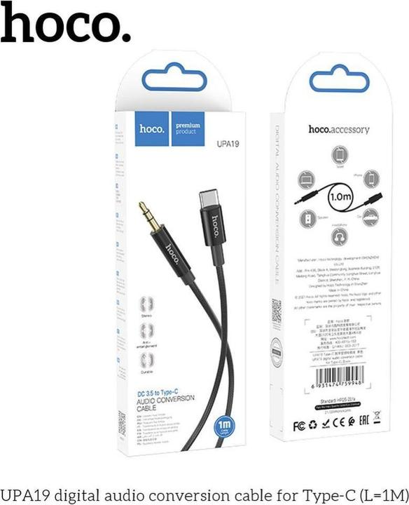 Image du produit Hoco - Audio Cable Adapter (UPA19) - USB Type-C to Jack 3.5mm, 1m - Black (1 m)