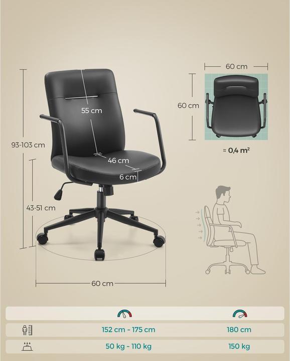 Image du produit Songmics Chaise de bureau avec dossier rembourré et accoudoirs, noir