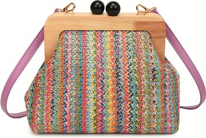 Only-Bags.Store Vintage Woven Crossbody Bag, bunt gestreifte Shell Clutch, Holzschnappverschluss