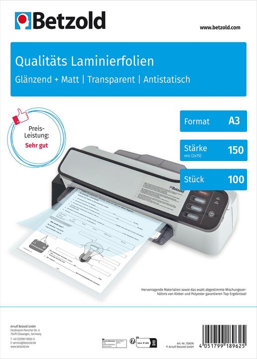 Produktbild Betzold Laminierfolie A3, matt + glänzend 150 mic, 100 St. (A3, 100 Stück, 150 µm)