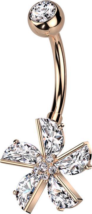Star Piercing Banane rosegold mit Kugel Kristall silber und Blume Kristalle silber (Chirurgenstahl 316L, Messing)