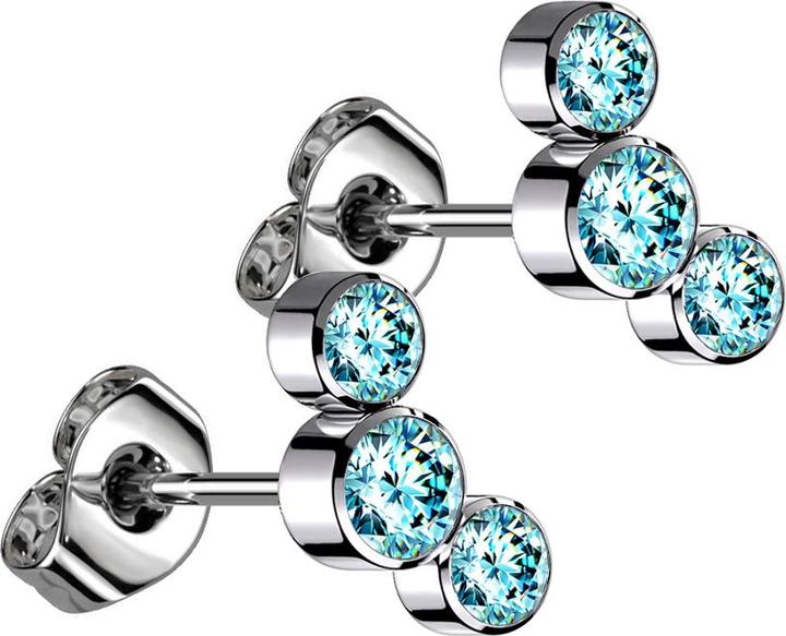 Star Piercing Threadless Ohrstecker silber drei Kristalle aqua (Titan G23, ohne Messing)