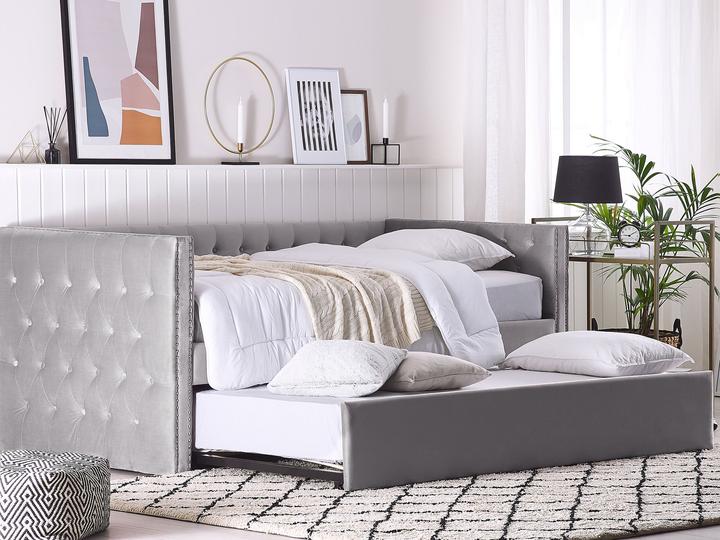 Actual product image Beliani Daybed extendable velvet fabric grey slatted frame 90 x 200 cm GASSIN (90 x 200 cm)