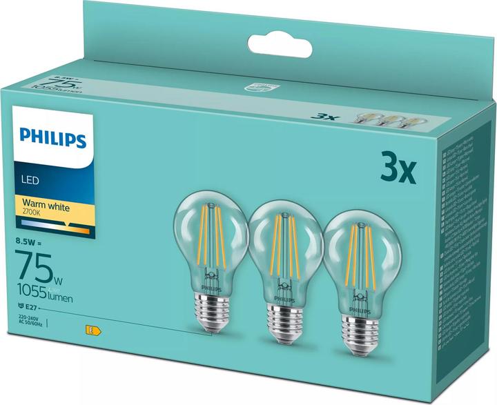Produktbild Philips LED Lampe E27 3er Set 75W 2700K Filament (E27, 8.50 W, 1055 lm, 3 x, E)