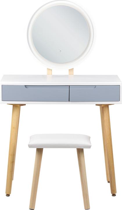 Produktbild Beliani Schminktisch mit 2 Schubladen, LED-Spiegel und Hocker weiss/grau JOSSELIN (80 x 40 x 130 cm)