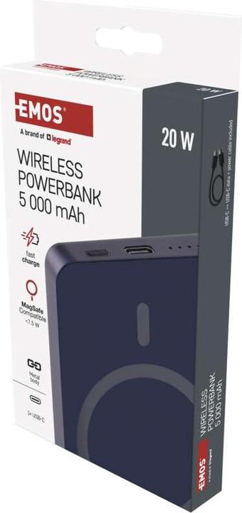 Actual product image Emos Powerbank WI 522, 5 000 mAh, 20 W+Wireless, blau (5000 mAh, 20 W, 19.25 Wh)