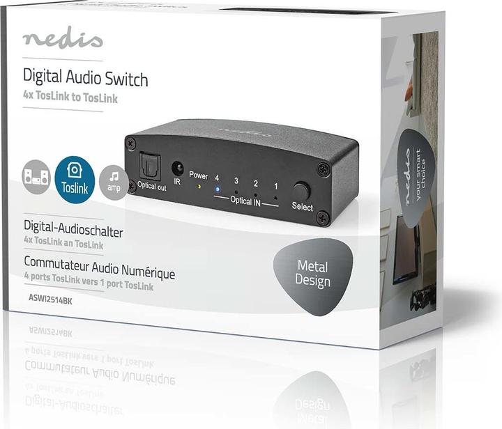 Produktbild Nedis Digital-Audio-Switch | 4-Wege | Anschlüsse – Eingang: DC Power / 4x TosLink | Anschlüsse – Aus (0.05 m)