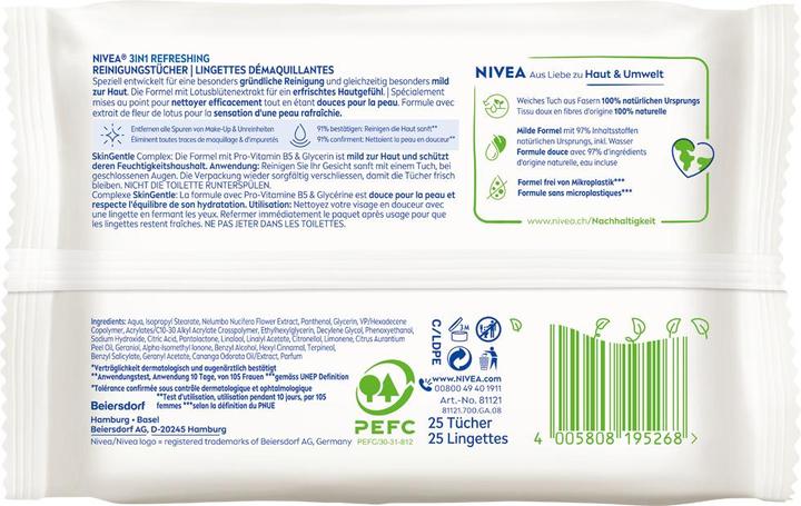 Nutritional values and ingredients NIVEA Cleansing Wipes 3in1 Refreshing Multipack 6 x 25 pieces (Cleaning cloths)