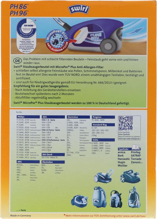 Produktbild Swirl Staubsaugerbeutel PH86 / PH96 MicroPor Plus für Philips, AEG, Electrolux und Volta Staubsauger
