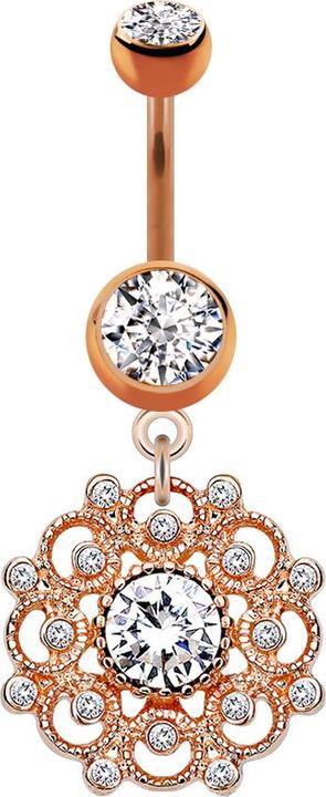 Star Piercing Banane rosegold mit Anhänger Filigrane Vintage Blume Kristall silber (Chirurgenstahl 316L, Messing)