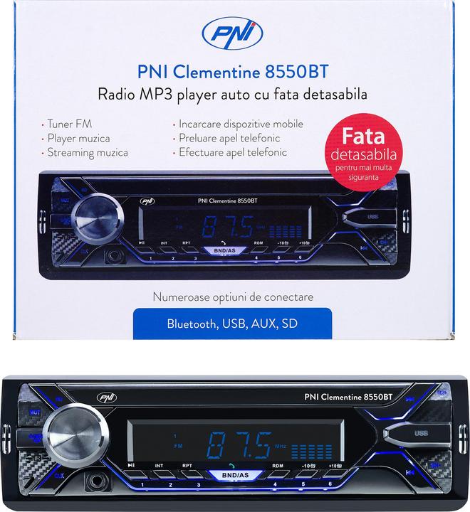 PNI Autoradio MP3-Player Clementine 8550BT, abnehmbares Gesicht, 4x45 W, 12 V, 1 DIN, mit SD, USB, A
