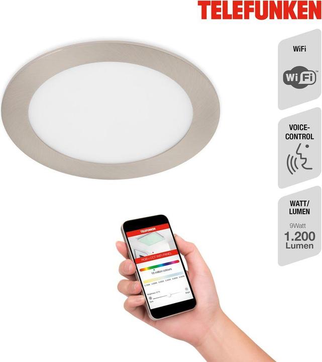 Produktbild Telefunken LED Einbauleuchte IP23 dimmbar WiFi RGBW 12W 1200 lm warmwei - tageslichtwei rund nickel matt 1 (1200 lm)