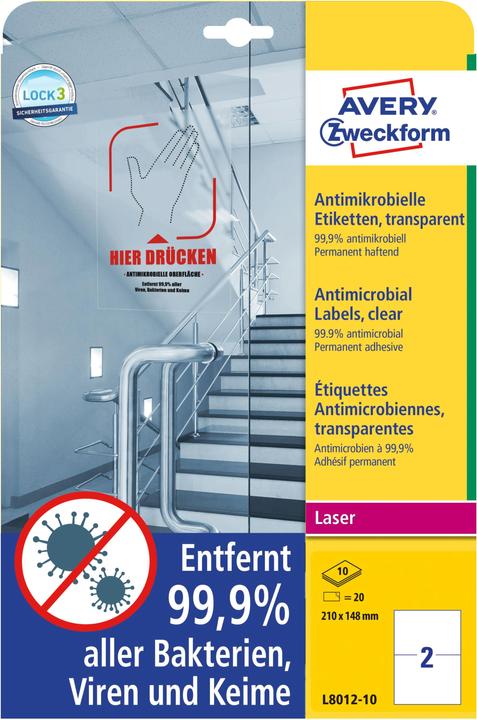Immagine prodotto Avery AVZ L8012-10 Etichette antimicrobiche 210x148 mm trasparenti