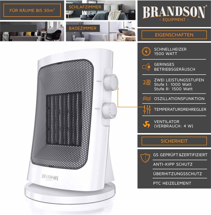 Actual product image Brandson Ceramic Fan Heater 1500 W, Ceramic Fan Heater with Carrying Handle & Oscillation, Bathroom Heater (1500 W)