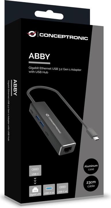 Actual product image Conceptronic Adapter USB-C -> RJ45 Gigabit,3xUSB3.0 0.15m bw (USB-C, 1 Ports)