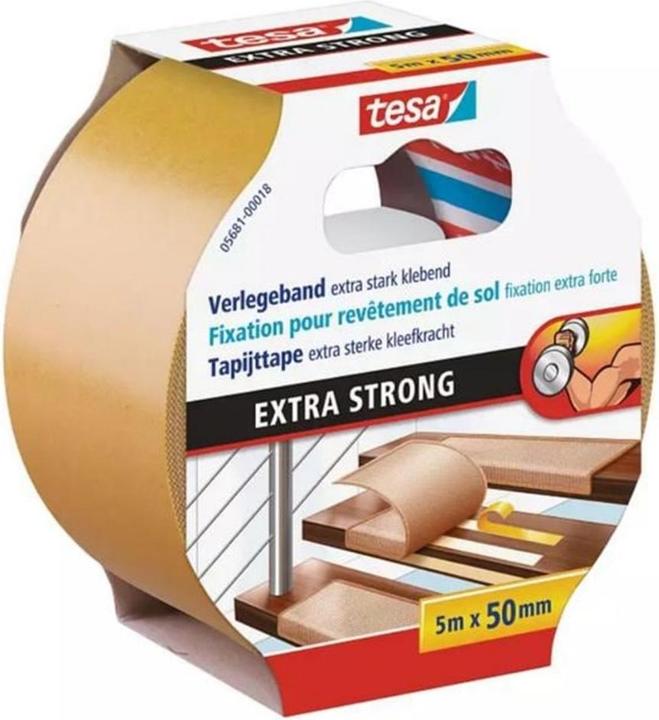Produktbild tesa Verlegeband EXTRA STRONG, doppelseitiges Klebeband zum Verlegen von Teppich und PVC-Belag (50 mm)