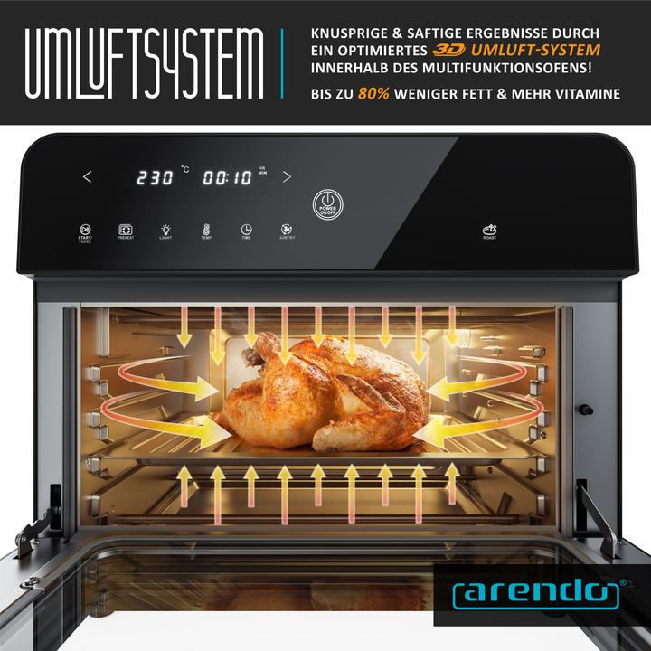 Produktbild Arendo Minibackofen Airfryer 25L Edelstahl Multifunktionsofen, XXL Heissluftfritteuse 1800W, mit Backpapier (CH-Stecker)