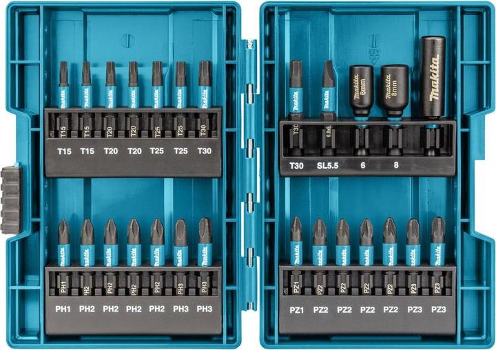Productafbeelding Makita Slagbitset 25/50 mm, 90 stuks. (Phillips kruis PH M2, Phillips kruis PH M3, Kruis Pozidriv PZ M2, Kruis Pozidriv PZ M3, Zeskantbus TX M20, Zeskantbus TX M30)