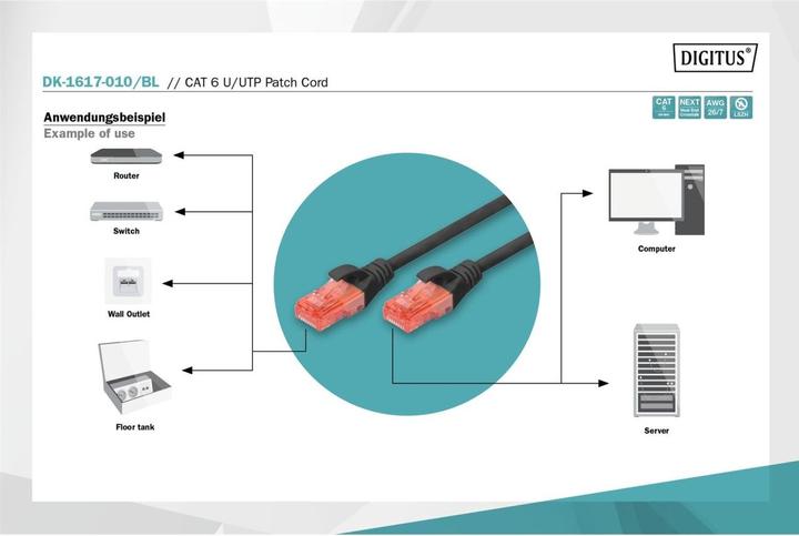 Immagine prodotto Digitus CAT 6 U-UTP Cavo patch Cu LSZH AWG 26/7 Lunghezza 1 m Colore nero (U/UTP, CAT6, 1 m)