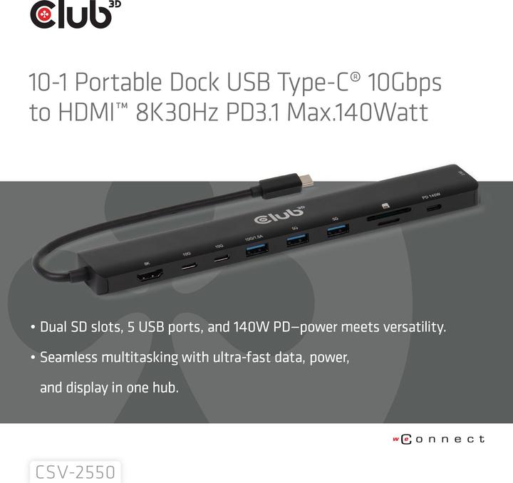 Productafbeelding Club 3D Club3D Tragbare Docking USB-C ->2xUSB-C/3xUSB-A/HDMI/SD BK retail (USB-C, 10 Havens)