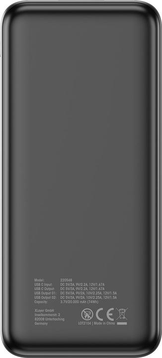 Immagine prodotto Xlayer Powerbank Rapid 20.000 mAh schwarz (20000 mAh, 20 W, 74 Wh)