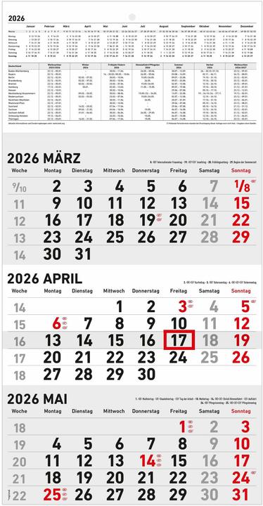 Produktbild Neumann 3-Monatskalender 2026 - 23,7x44,8 schwarz/rot - mit Motiv - Datumsschieber - 951-0011 (Harter Einband, Deutsch)