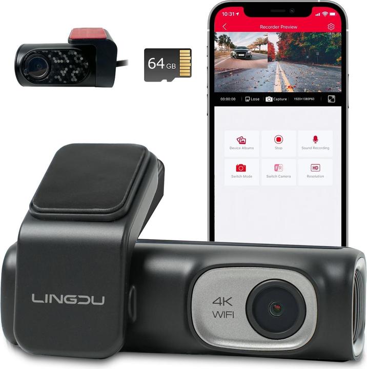 Produktbild Hermex 4K WiFi Dual-Dashcam Autofront-Kamera Onboard-Kamera Auto-Überwachung (Eingebautes Mikrofon, Eingebaute Anzeige, Akku, Eingebautes Display, GPS-Empfänger, WLAN, 4K)
