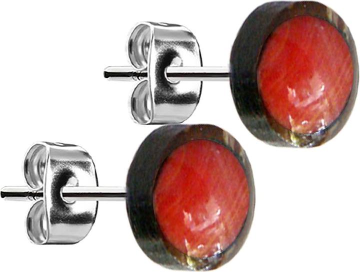 Star Piercing Ohrstecker silber Teller Kokosnuss Holz mit Fake Koralle rot (ohne Messing, Organisch, Chirurgenstahl 316L)