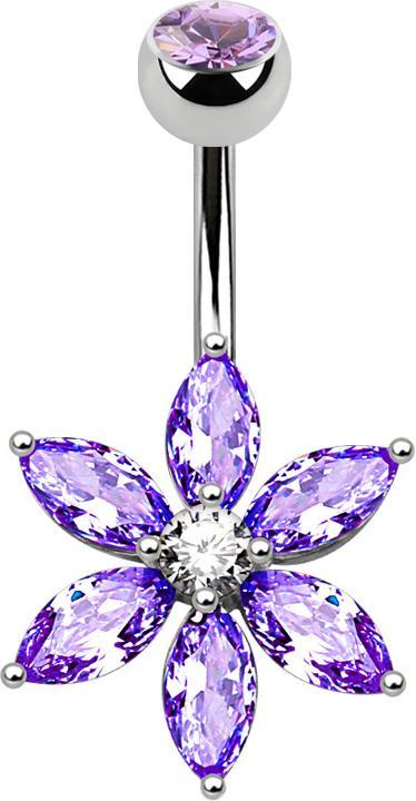 Star Piercing Banane silber mit Kristallblume violett (Messing, Chirurgenstahl 316L)