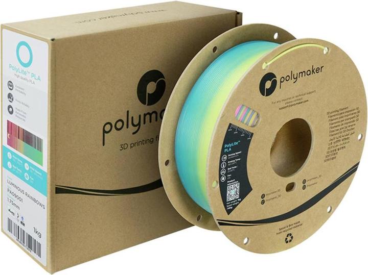 Immagine prodotto Polymaker PA09001 Filamento luminoso PLA fotoluminescente 1,75 mm 1000g arcobaleno luminoso PolyLite™ 1pc. (PLA, 1.75 mm, 1000 g, Multicolore)