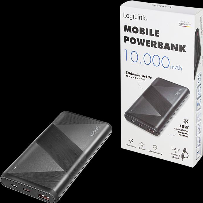 Image du produit LogiLink Batterie d'appoint mobile, 10 000 mAh, 2x USB, noir Batterie d'appoint portable pour smartphones & (10000 mAh, 18 W, 37 Wh)