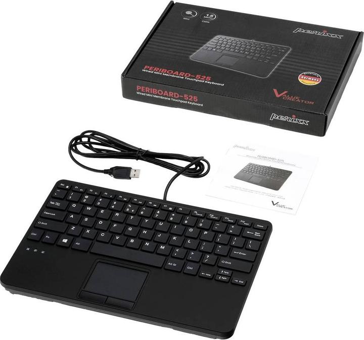 Image du produit Perixx PERIBOARD-525 FR B, mini clavier USB filaire avec touchpad, touches ciseaux, 2 ports USB intégrés (DE, Filaire)