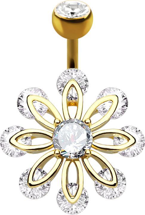 Star Piercing Banane 14k vergoldet mit Kugel Kristall silber acht Blüttenblätter (Messing, Chirurgenstahl 316L)