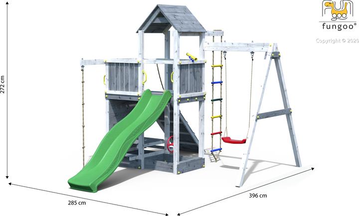 Produktbild Marimex Spielturm Play 009 Holz Metall grau wei inkl. Rutsche, 1 Brettschaukel, Fernrohr, Klettert