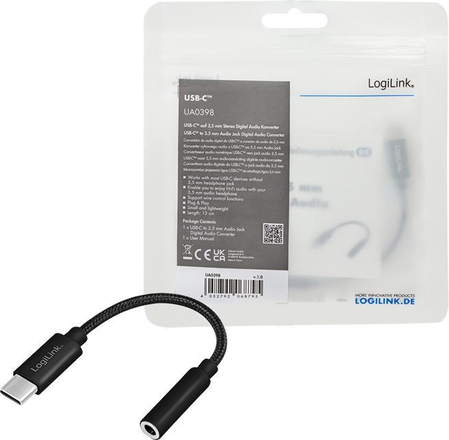 Produktbild LogiLink Cable USB-C to 3.5mm 0,13m Black (USB Typ C, USB Typ C)