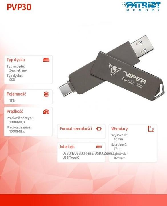 Produktbild Patriot Dysk SSD PVP30 1TB 1000MB/s USB Duo A+C 3.2 Gen2 Alu (1 TB)