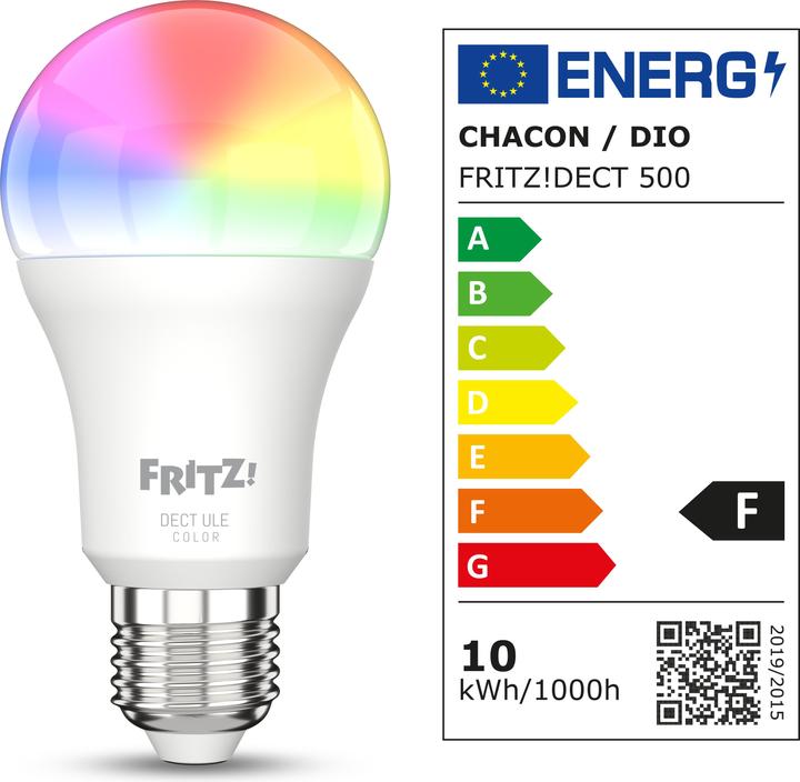 Energie-Label AVM Leuchtmittel FRITZ!DECT 500 International (E27, 9.40 W, 806 lm, 1 x, F)
