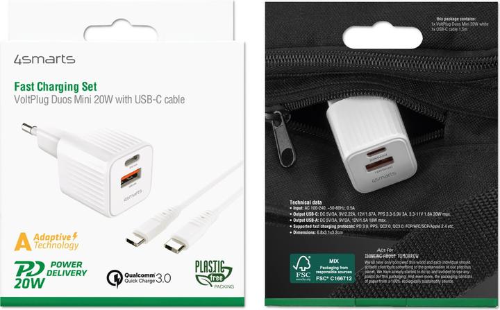 Immagine prodotto 4smarts Caricabatterie da rete VoltPlug Duos Mini PD 20W e cavo USB-C 1,5m bianco (20 W)