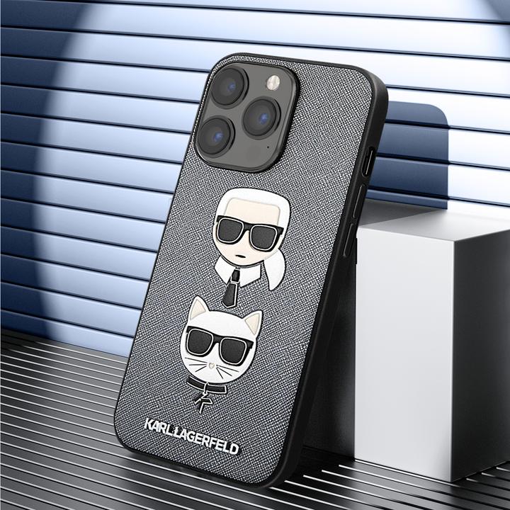 Actual product image Karl Lagerfeld Saffiano Karl & Choupette cover, grey series (Apple iPhone 13 Pro)