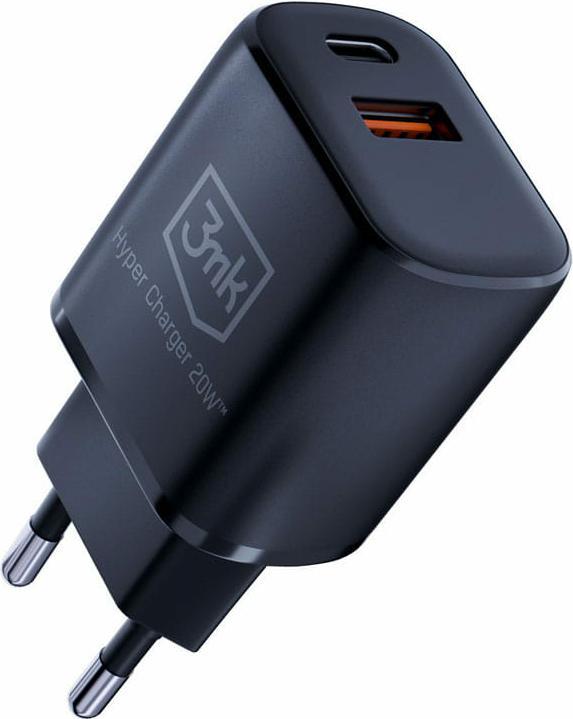 Immagine prodotto 3MK HyperCharger 20W 1xUSB-C + 1xUSB-A ładowarka sieciowa PD/QC czarna/nero (20 W)