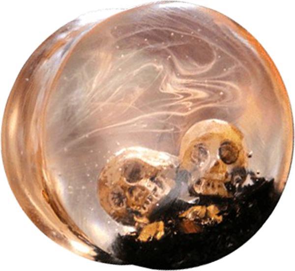 Produktbild Star Piercing Flared Plug zwei Totenköpfe mit Rauch Epoxy orange (ohne Messing, Organisch)