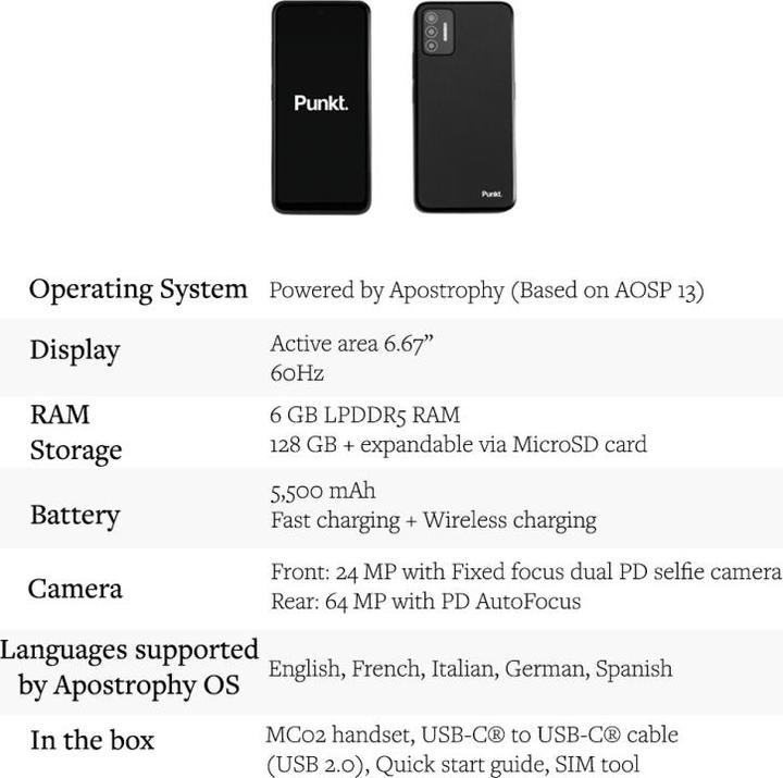 Actual product image Punkt. MC02 (128 GB, Black, 6.67", Hybrid Dual SIM, 64 Mpx, 5G)