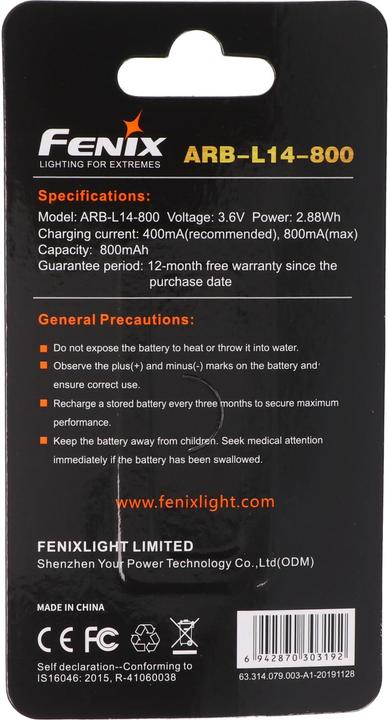 Actual product image Fenix Akku 14500 Mignon AA 3,6 Volt mit Schutzelektronik ARB-L14-800
