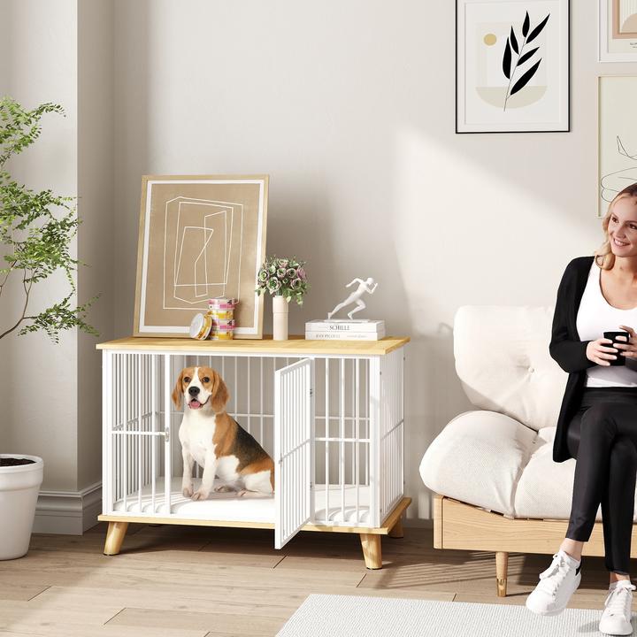 Actual product image PawHut Hundekäfig Stahl, Spanplatte Weiss+Eiche (Dog house)