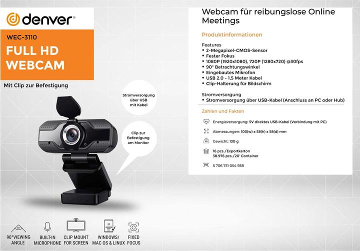 Image du produit Denver WEC-3110 Webcam 2 MP 1920 x 1080 Pixel USB 2.0 Noir (0.90 Mpx)