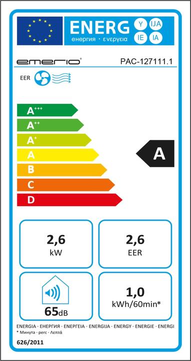 Label énergétique Emerio PAC-127111.1 (32 m², 9000 BTU/h)