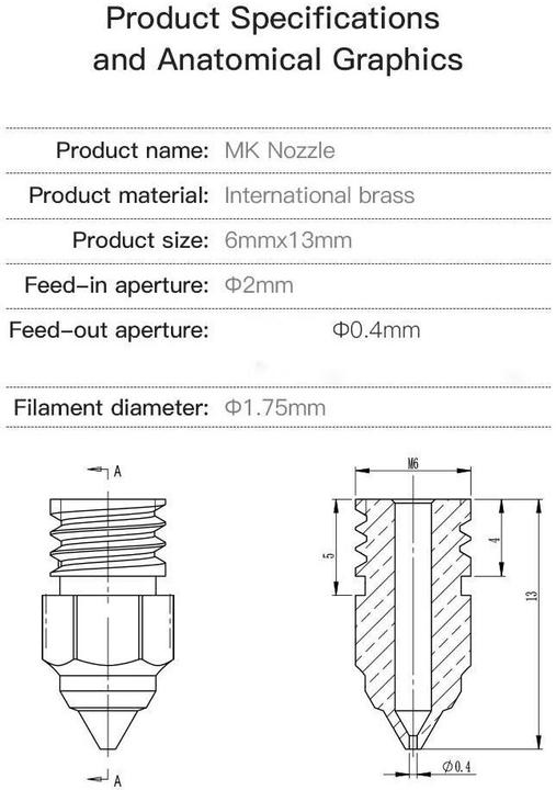 Immagine prodotto Creality Ugello in ottone MK 0,4 mm, 5 pezzi (Spazzola)
