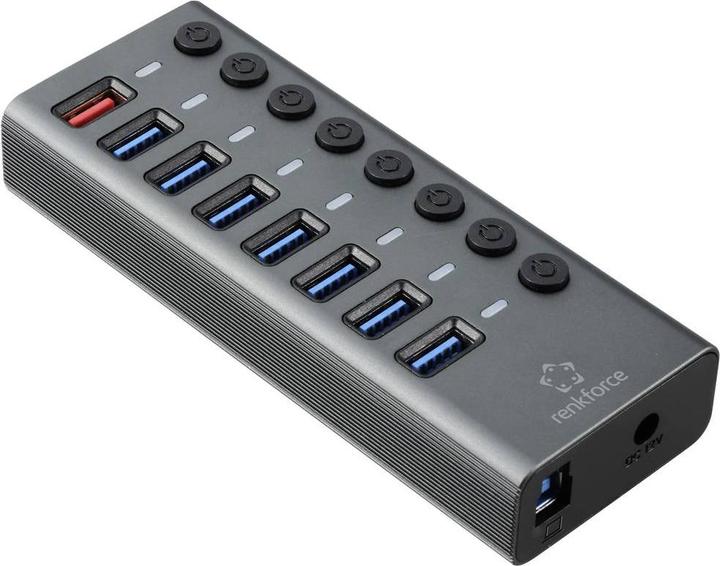 Produktbild Renkforce RF-HUB-380 8 Port USB 3.2 Gen 1-Umschalter + Hub (USB 3.0) mit Aluminiumgehäuse Silber-Sc (USB-A, 8 Ports)
